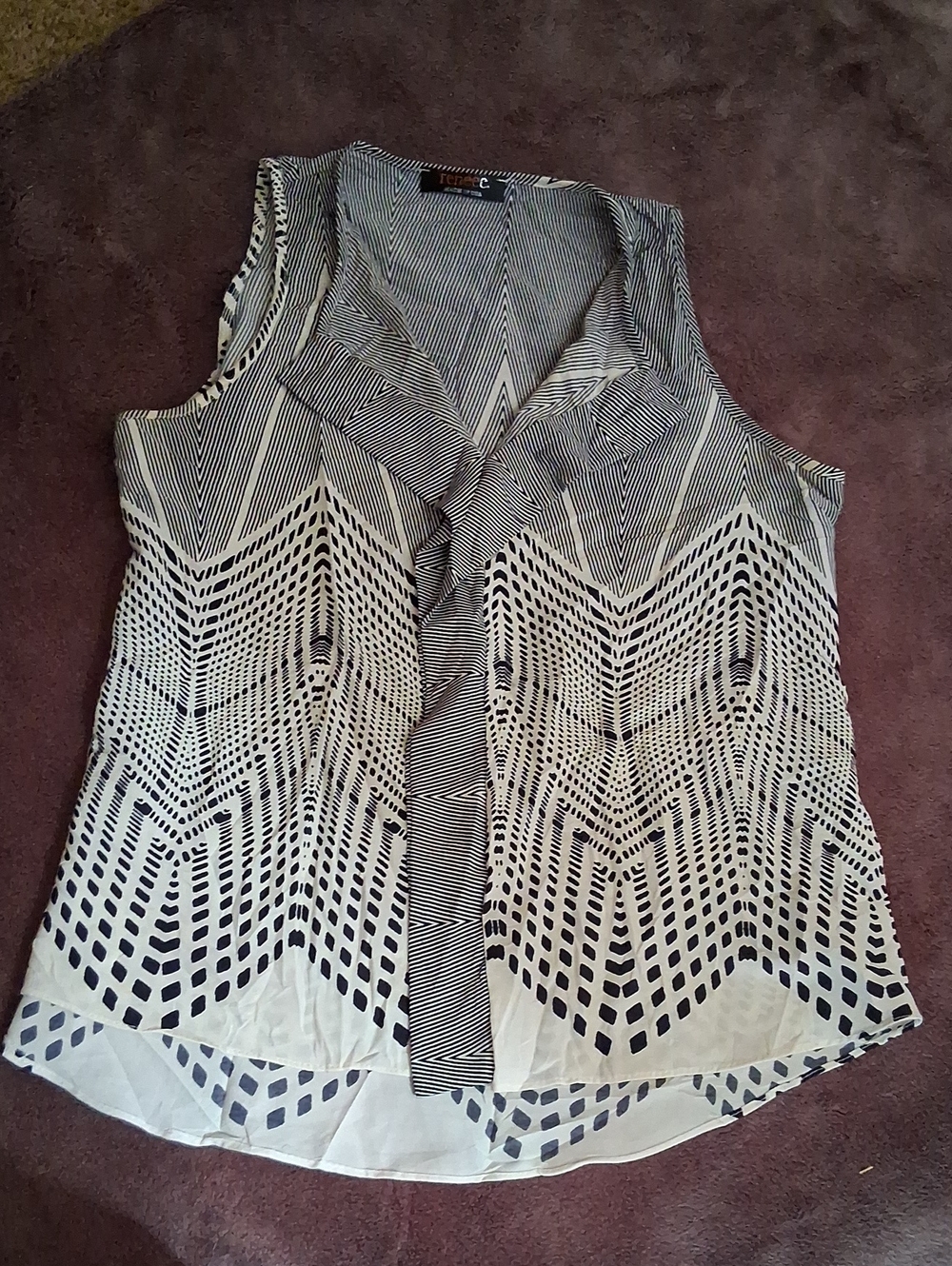 Chiffon Sleeveless V-Neck Top in Black and White - ,